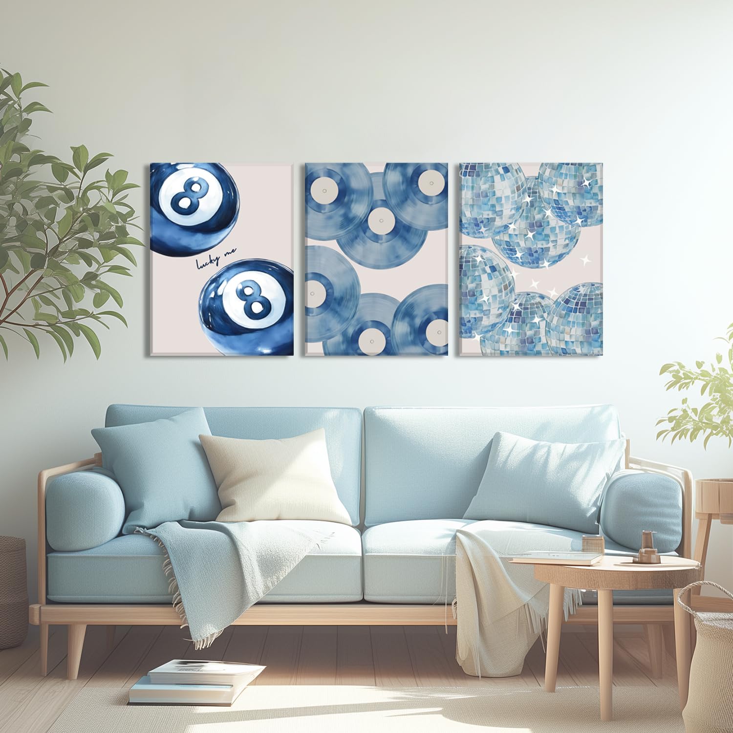 Set di 3 stampe artistiche da parete blu alla moda, motivo coquette, decorazione per la stanza, decorazione estetica per la stanza, blu navy, discoteca, 8 palline, stampa su tela per camera da letto