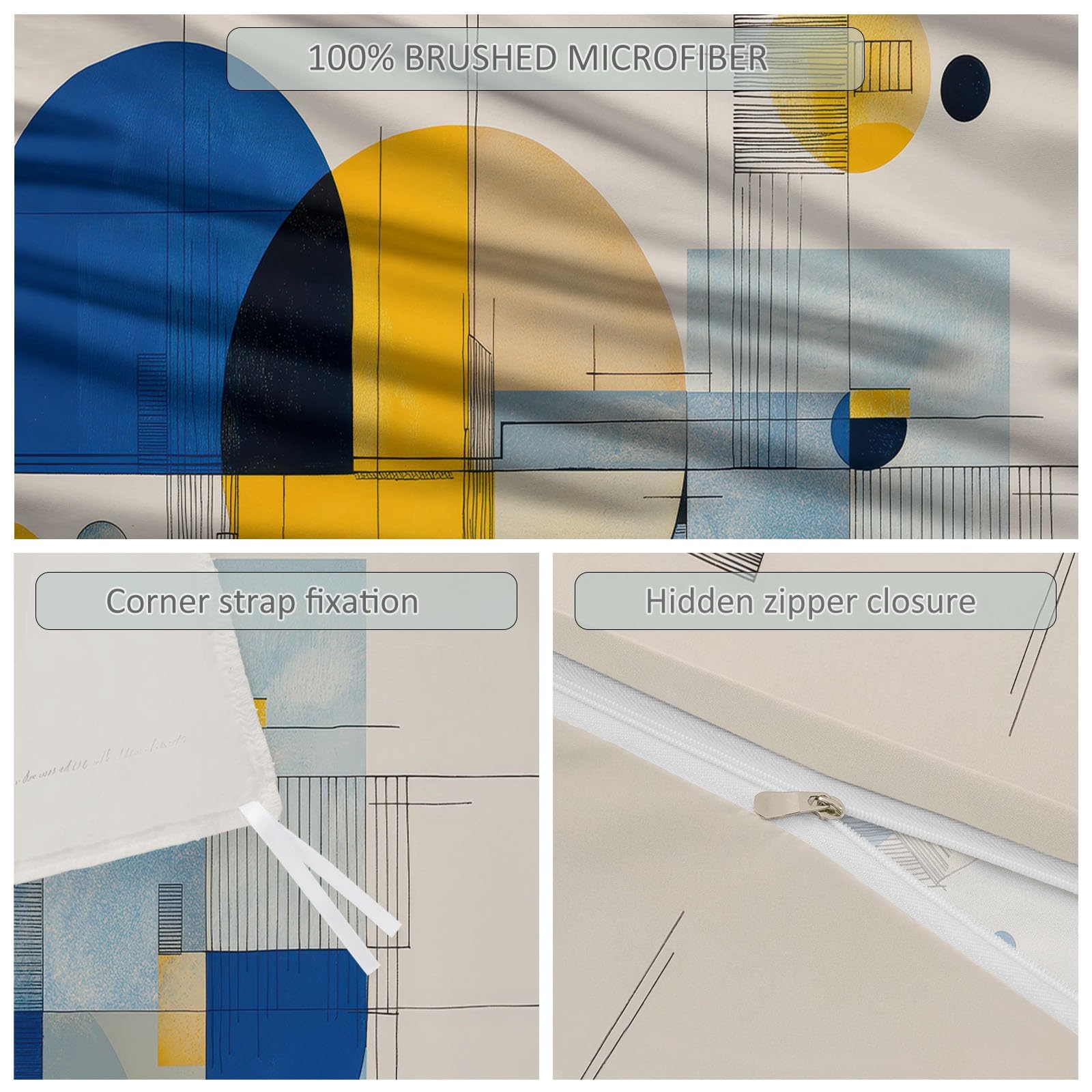 Set copripiumino bianco crema, 230 x 220 cm, traspirante, motivo geometrico astratto a blocchi di colore, in microfibra, facile da pulire, con cerniera e federe, per ragazzi