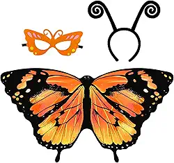 Fantasia infantil de asas de borboleta para meninas com máscara de cabeça para festa de Halloween, Laranja, Large