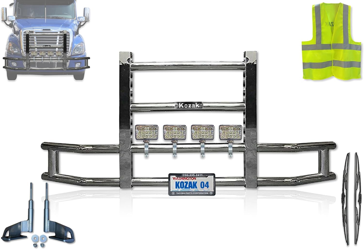 Compatible with Cascadia 2008-2017 Steel Truck Bumper Guard-Deer Guard 4x6 60 LED Headlight, Logo, 2X 22 Windshield Wipers, License Plate Holder & Frame, Brackets, Vest