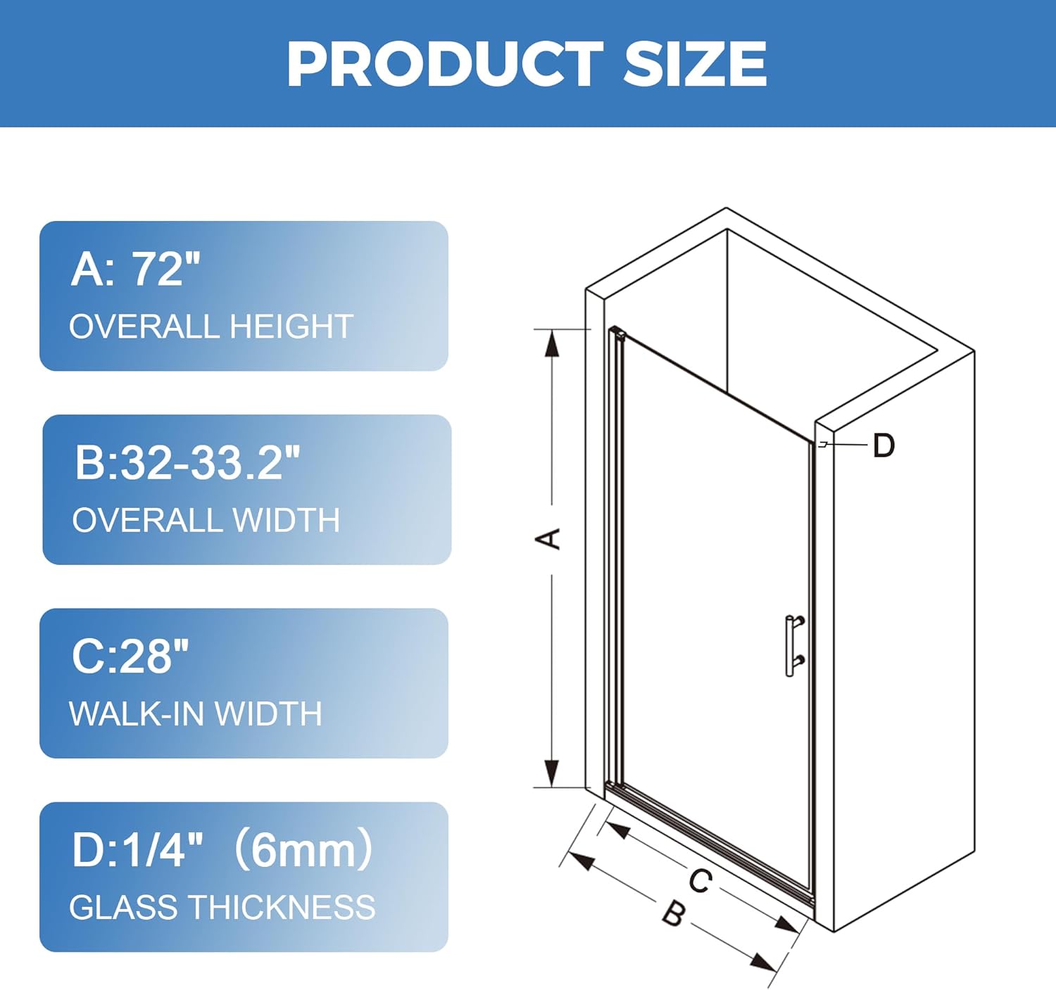 32-33.2" W X 72" H Frameless Pivot Shower Door, Pivot Swing Shower Glass Door with 1/4" (6mm) Clear SGCC Tempered, Reversible Installation Glass Shower Door, Matte Black