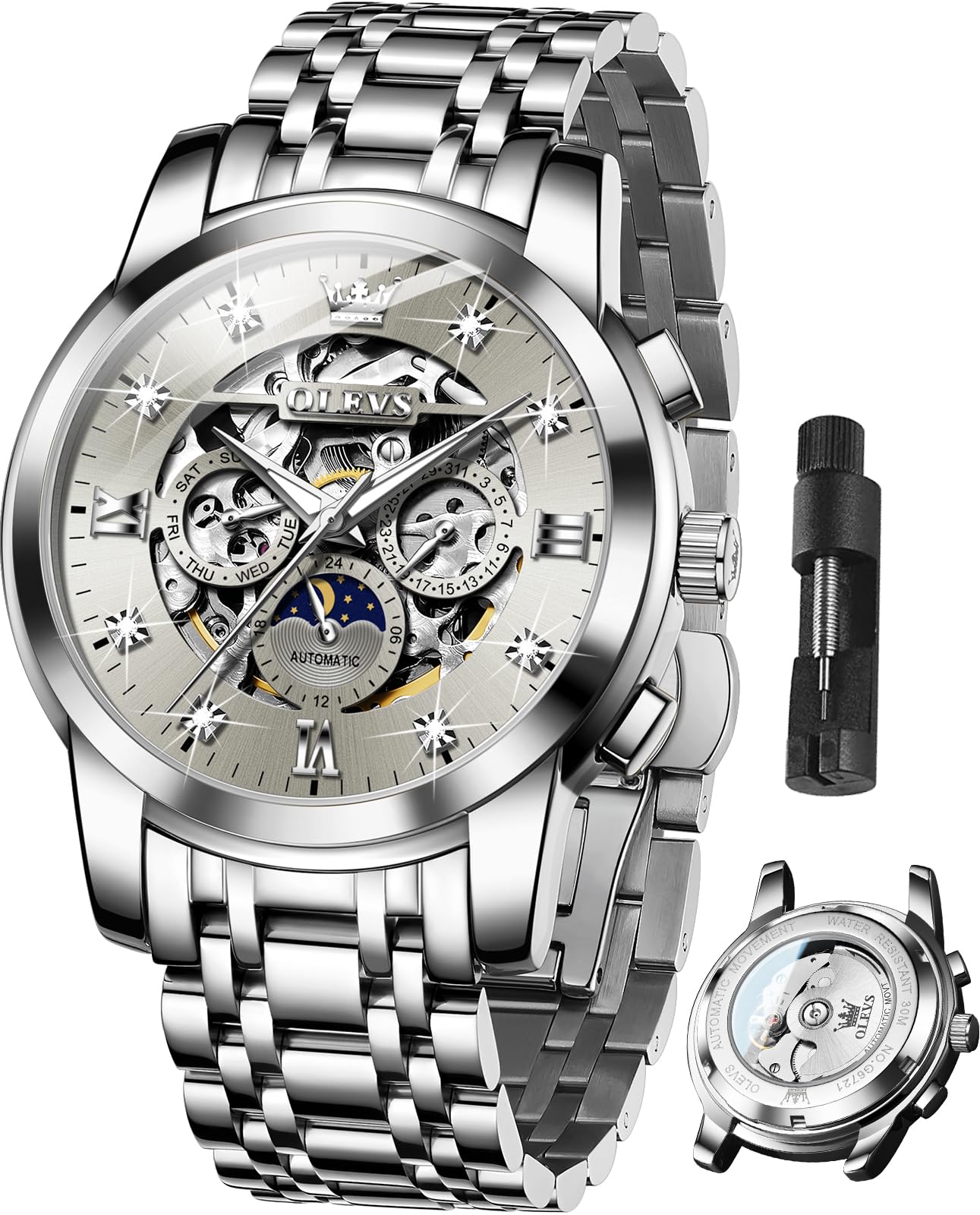 OLEVSMens Automatic Watch Skeleton Diamond Luxury Mechanical Self Winding Dress Wrist Watch Waterproof Luminous