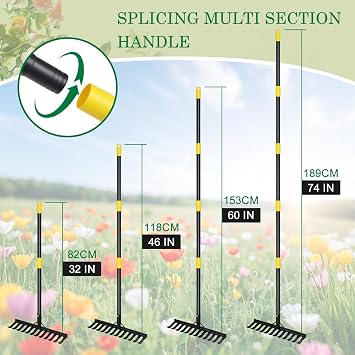 Garden Rake Heavy Duty, 189cm Metal Rake with 12 Tines, Bow Rake with Long Handle for Loosening Soil Leveling Lawn Farming Land, Black