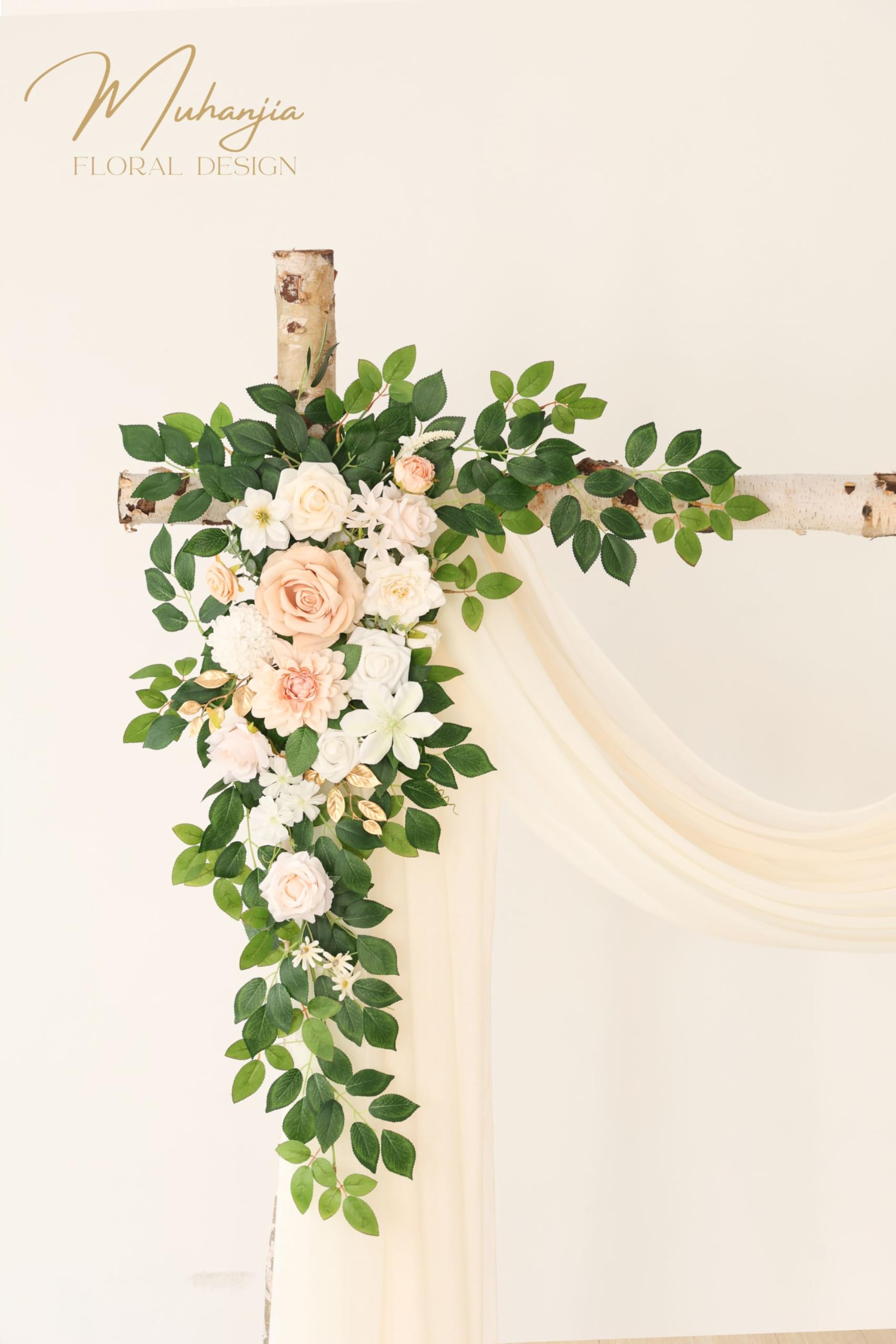 Muhanjia Künstliches Hochzeitsbogen-Blumen-Set (4 Stück), 2 künstliche Blumenbögen, 2 Chiffon-Stoffvorhänge, Zeremonie-Dekoration, Blumen-Party-Dekoration (Champagner und Creme)