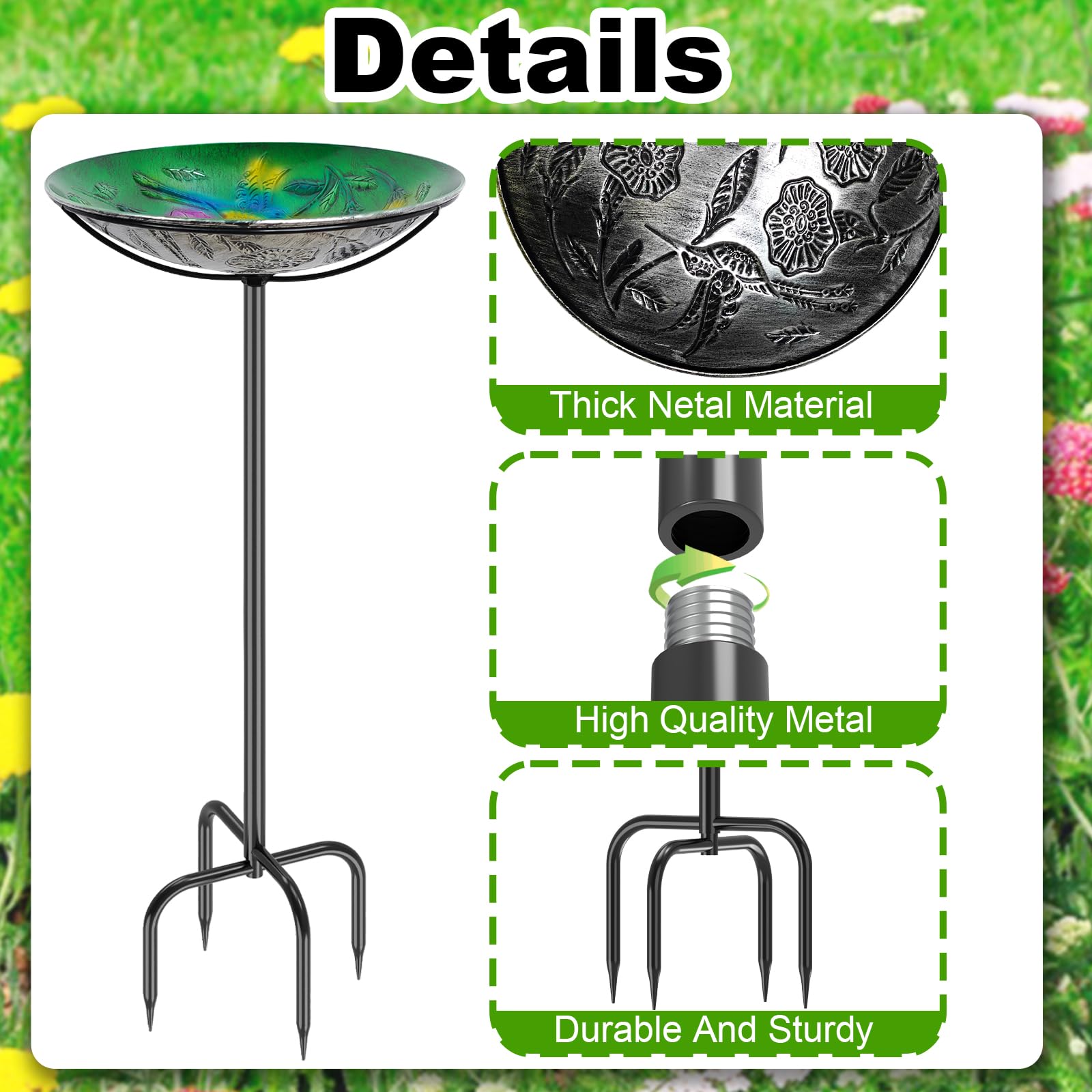 Bebedero para pájaros de pie para jardín, 100 cm, resistente al invierno, con estaca, baño para pájaros, jardín, de pie, resistente a las heladas, de metal, para pájaros, cuenco, bebedero de