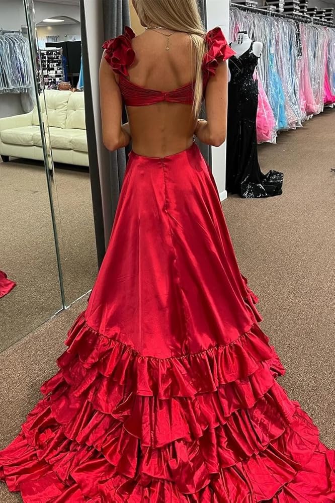 open lace back dress Straps V-Neck Red A-Line Ruffle Layered Prom Dress – FancyVestido main image 1