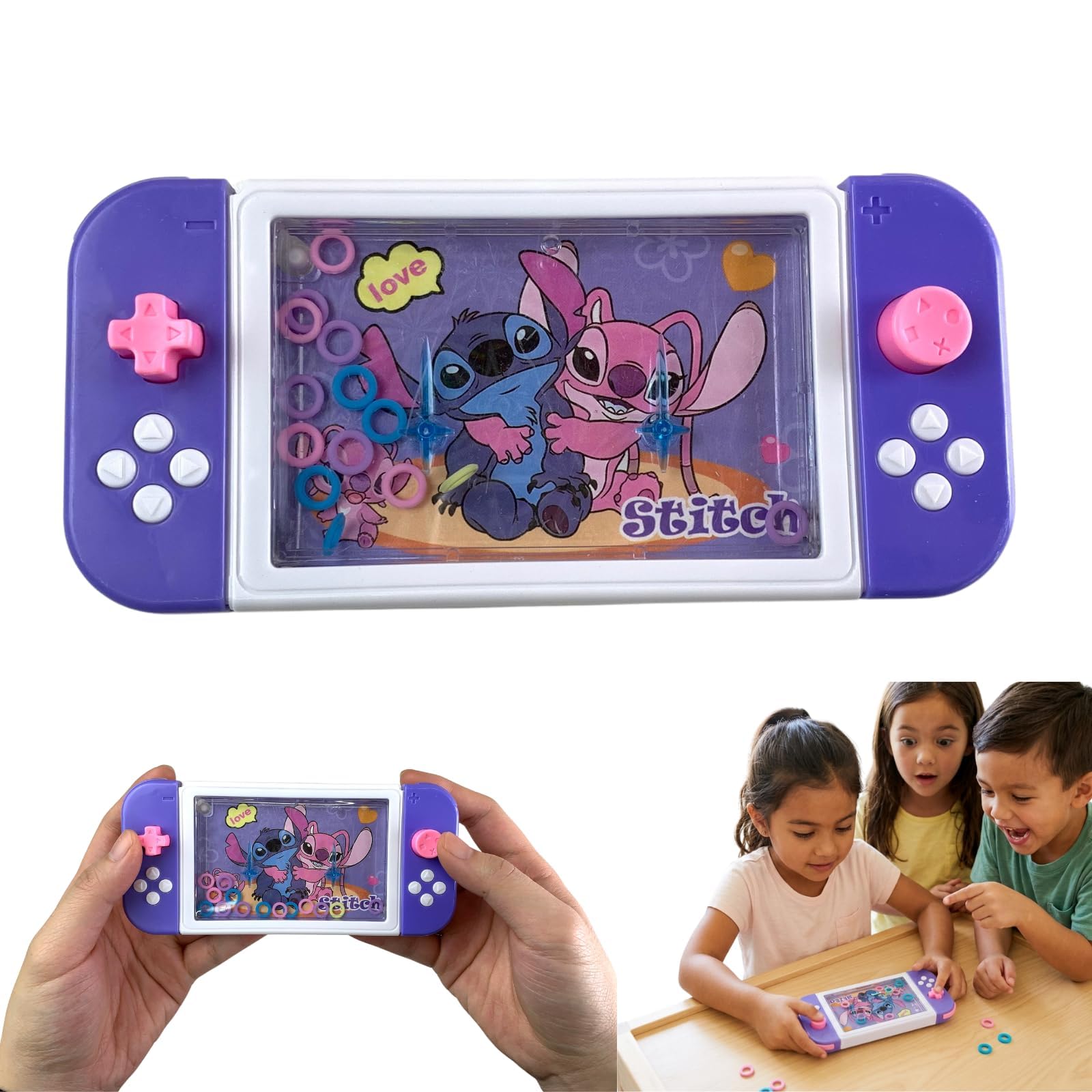 Disney Stitch Water Ring Game for Kids 3+, Portable Handheld Travel Toy, Retro Push-Button Sensory Game, Party Bag Filler, Screen-Free Interactive Fun – 15cm