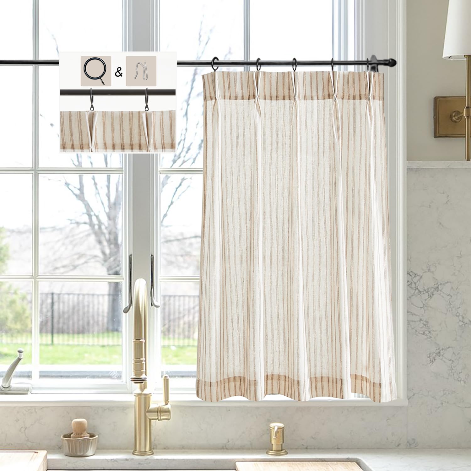 LIMON HOME Beige Striped Linen Kitchen Curtains 24 inch Length Pinch Pleat Cafe Curtains 1 Panels