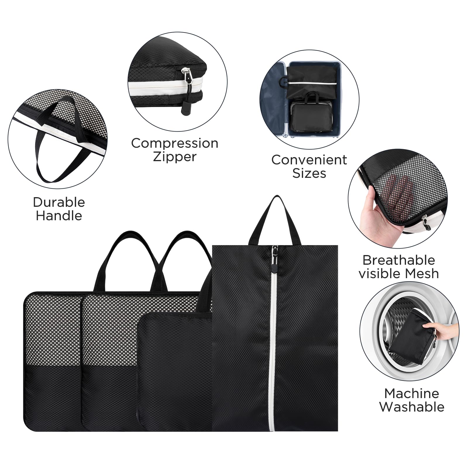AiQInu Organizer Valigia 4 Pezzi Set, Compressione Packing Cube Salvaspazio Espandibile Ultraleggero Viaggio Organizer per i Vestiti,Scarpe,Intimo Set da Viaggio per Zaini o Bagagli a Mano