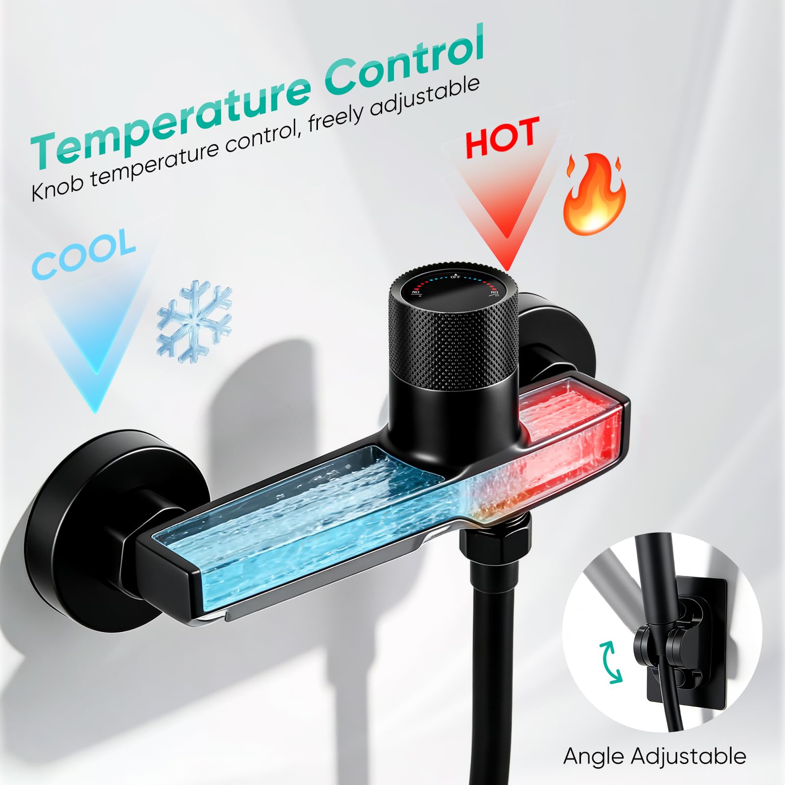 Rubinetto da vasca a cascata con soffione a mano, miscelatore per doccia a 5 funzioni con tubo in PVC da 1,5 m e supporto a parete, miscelatore da bagno e doccia in ottone