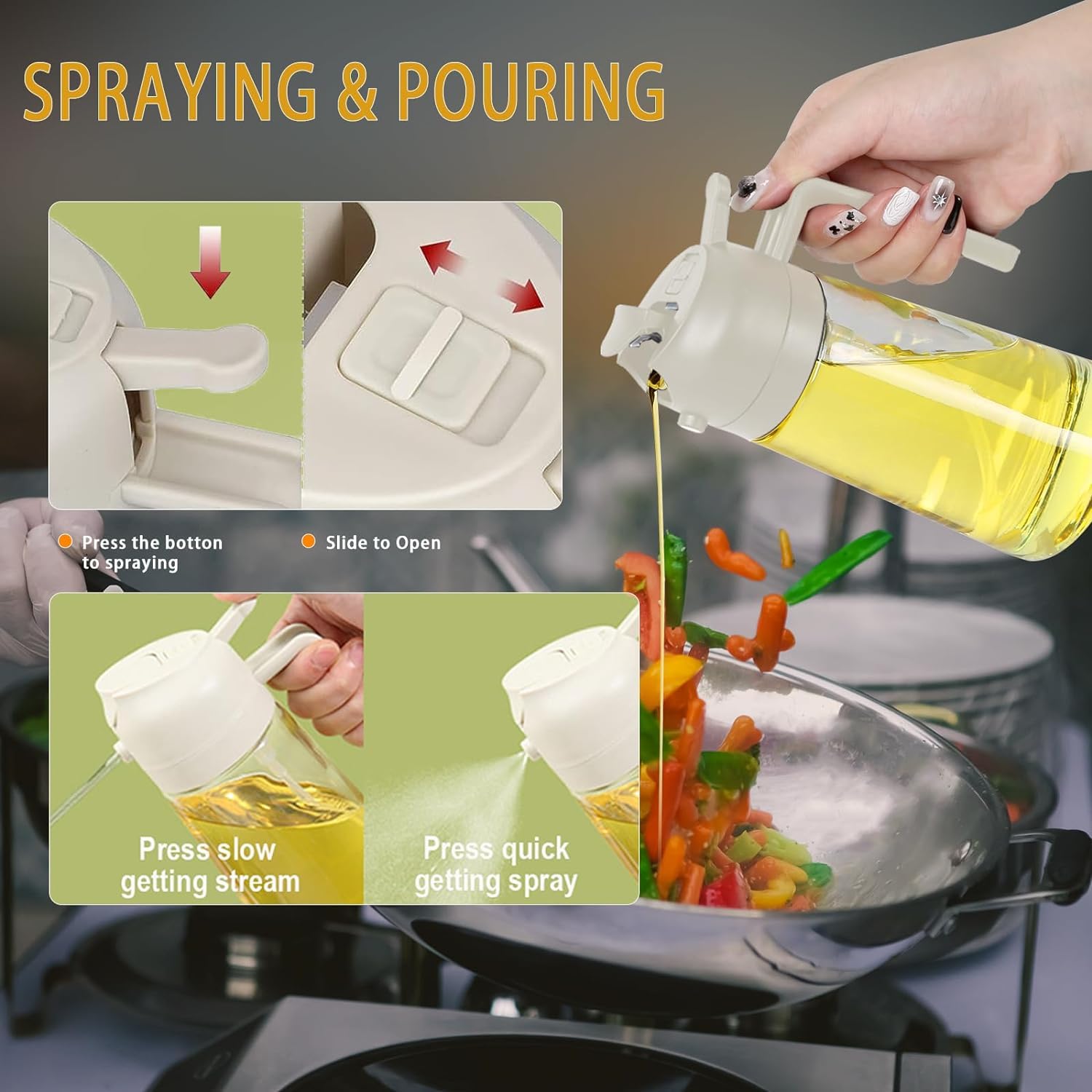 Slyford 500ml 2 in 1 Olive Oil Sprayer and Oil Dispenser Bottle for Kitchen, Glass Oil Bottle with Premium Nozzle, Oil Sprayer for Air Fryer, Salad,BBQ,Roasting (Multi Color) (Pack of 1) 3