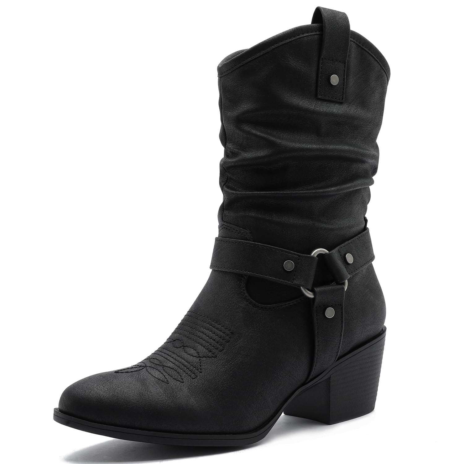 GLOBALWIN Women's Black Mid Calf Cowgirl Boots Fashion Western Cowboy Boots for Women Chunky Low Heel With Side Zipper Size 7.5M