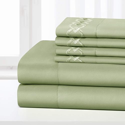 Miniatura 1 de HOMEIDEAS Juego de sábanas de 6 piezas tamaño Queen verde salvia fundas de almohada bordadas de lujo para hotel oriental microfibra cepillada extra