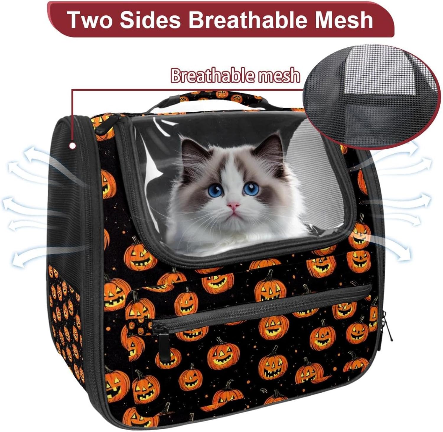 Portable Travel pet Backpack Carrier Hamster Bag Small Dog cat Carrier Breathable Hang Bag, Seamless Pattern of Halloween