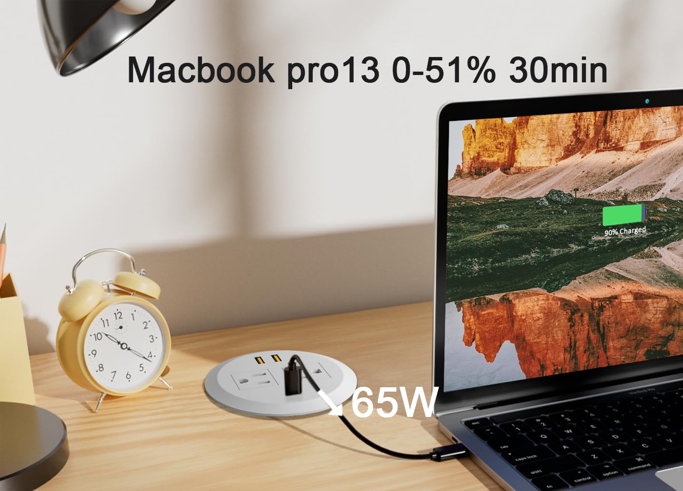 3-calowe oczko zasilania komputera, GaN 65 W, stacja szybkiego ładowania USB C, 3 porty USB, płaska wtyczka, kabel zasilający 6,5 stopy. Wbudowana listwa zasilająca