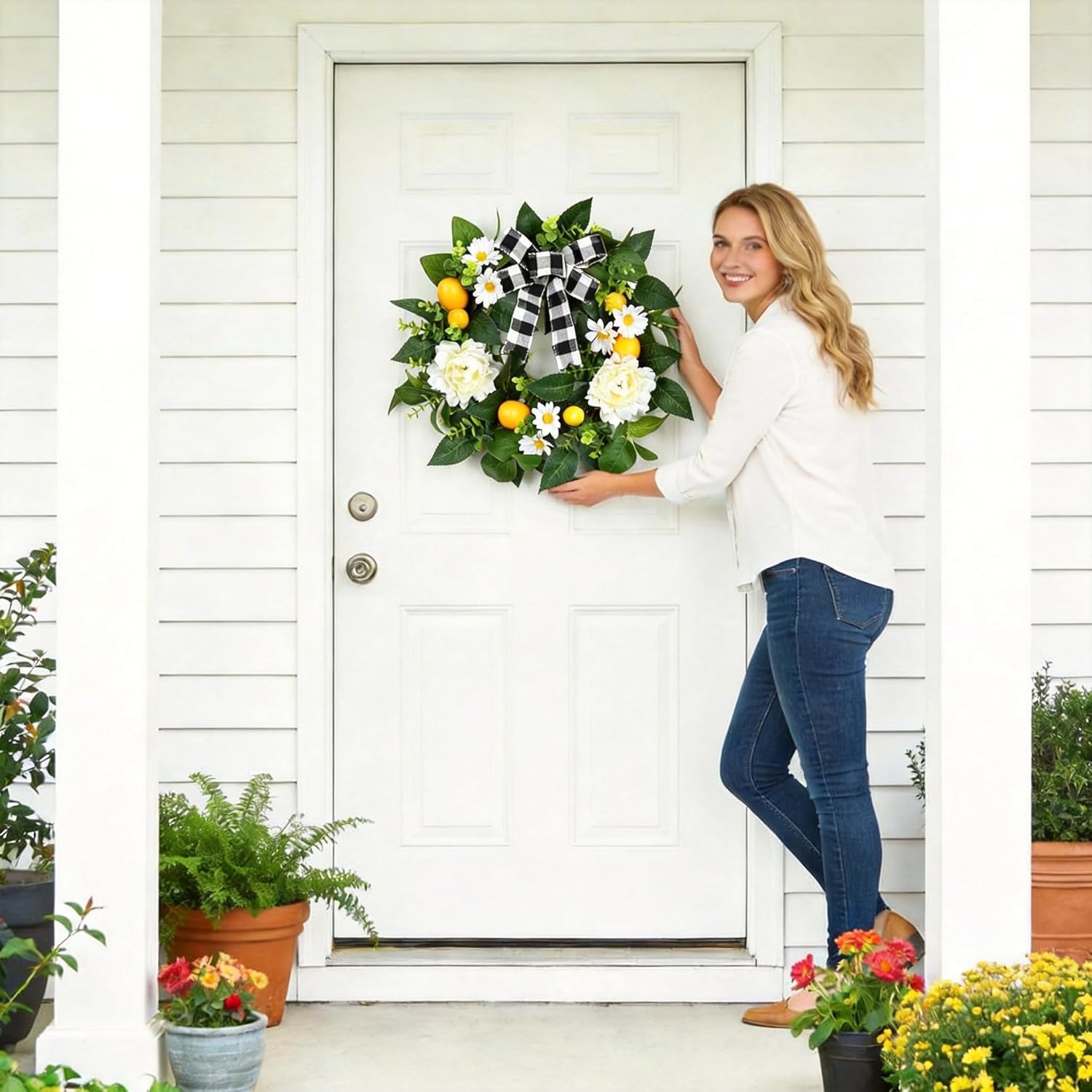 Garvee 20" Lemon Wreath for Front Door, Spring Summer Fruit Wreath with Artificial Yellow Lemon Peony Flower and Buffalo Check Bow, Lemon Decor for Farmhouse Kitchen Porch Wall Home Decor