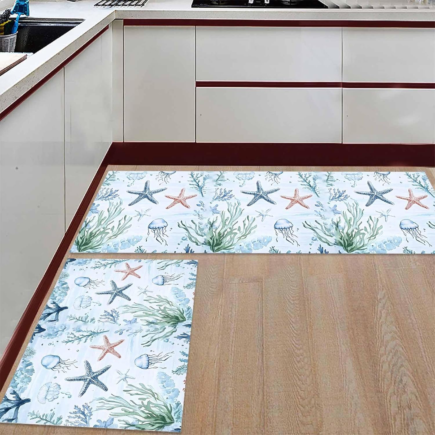 2 Pieces Kitchen Rugs and Mats,Summer Ocean Starfish Jellyfish Coral Area Runner Rug Set Non Slip Floor Doormat Washable Carpet Standing Mat for Kitchen Sink Indoor Corridor,Coastal Marine Creature