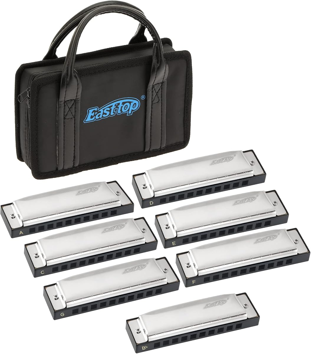 East top Harmonica Set of 7, 10 Holes 7 Colors Diatonic Blues Harmonica Set For Adults, Professionals and Students, as a Gift