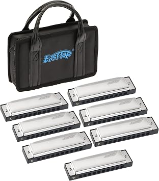 East top Harmonica set of 7, 10 Holes blues harmonica set, 20 Tones mouth organ Diatonic Harmonica set For Adults, Professional Players and Students, as a gift