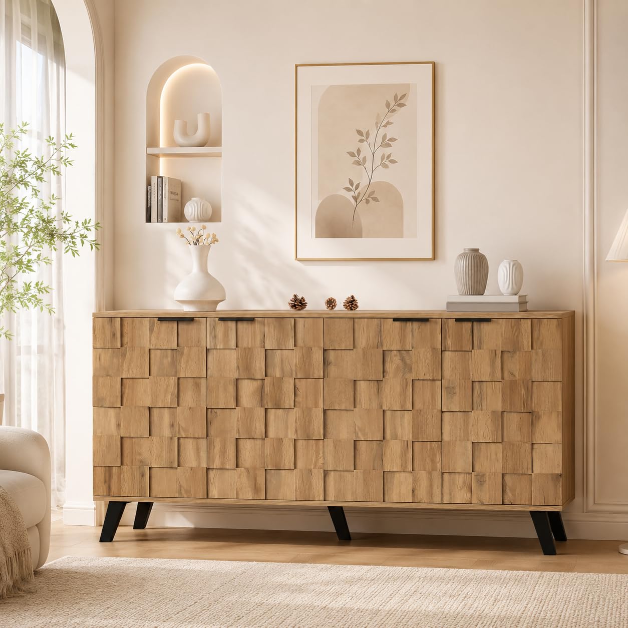 160 cm Aparadores para Salon con 2 Puertas, Aparador Cocina con Encimera, Armario de Almacenamiento para Salón Pasillo Cocina Sala, Color Natural, 160.5x35.5x78cm