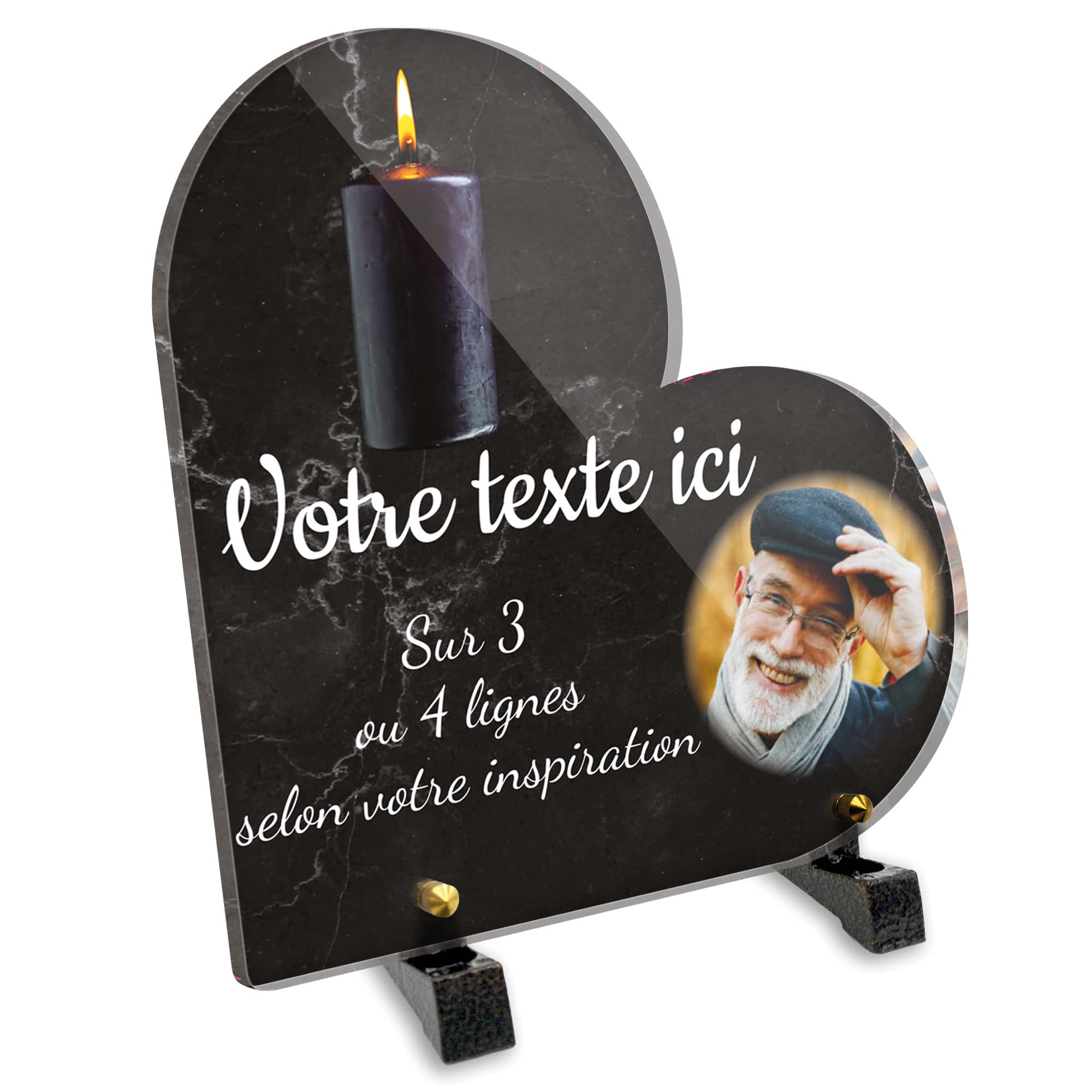 Placa funeraria corazón con foto personalizable en plexi, diseño de vela negra, diferentes tamaños, grosor de 6 mm, personalizado en varias líneas, 20 x 20 cm