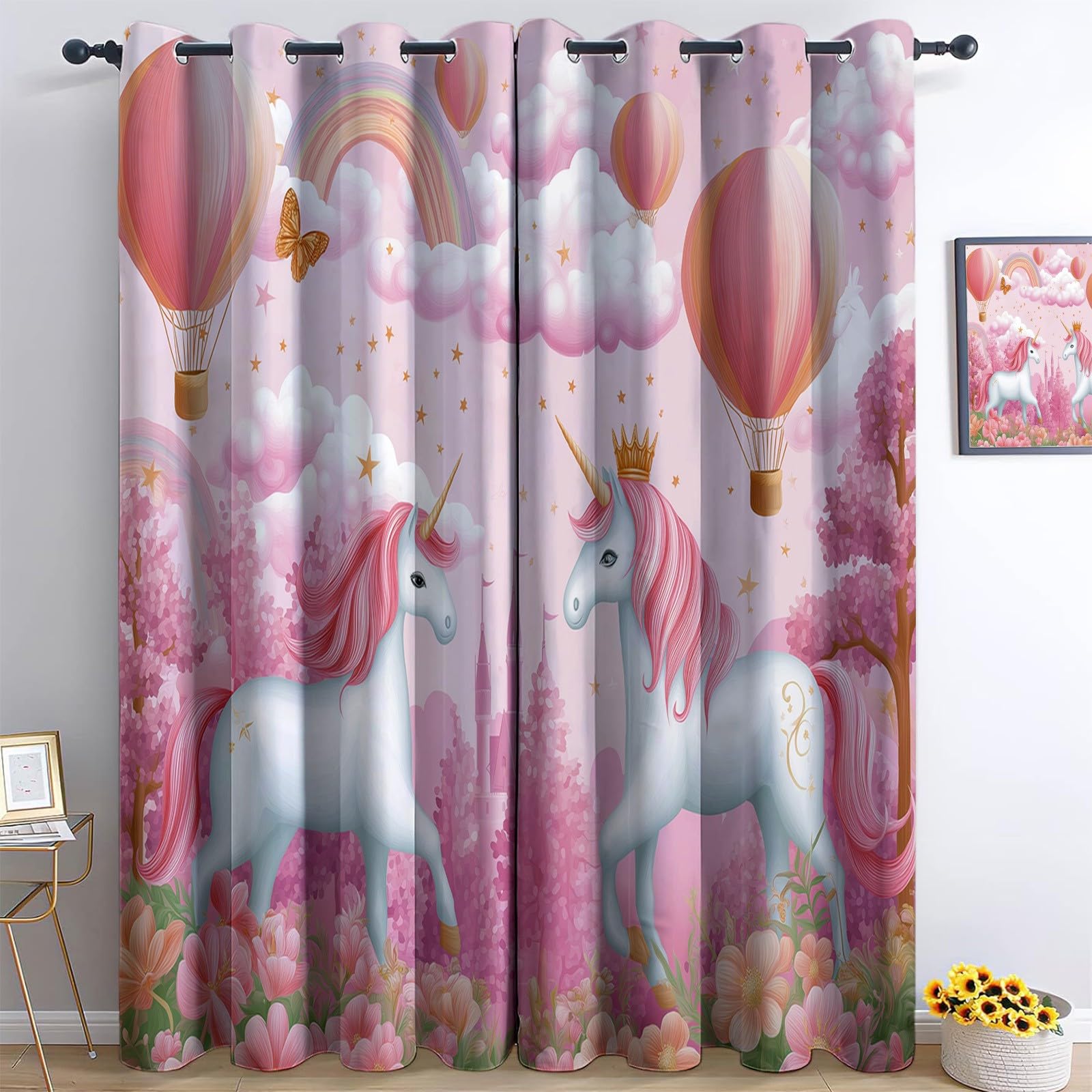 Générique Rideaux occultants Dessin Animé Licorne Château - 2 Panneaux à Isolation thermiquement - Rideaux de fenêtreLicorne pour Chambre à Coucher Salon 110 x 215 cm
