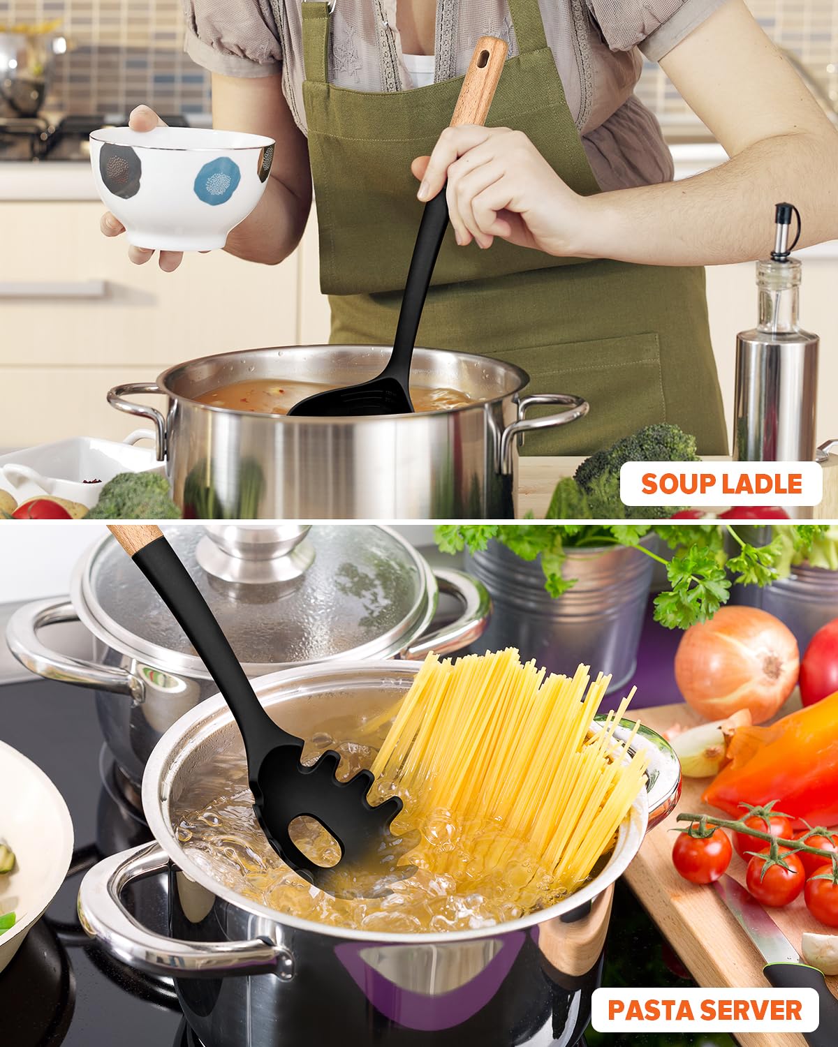 Juego de tenedor y cucharón para pasta, perfecto para servir sopa caliente, remover y pasta de salsa, silicona mate sin BPA, cuchara de espaguetis con mango de madera para superficies de cocción