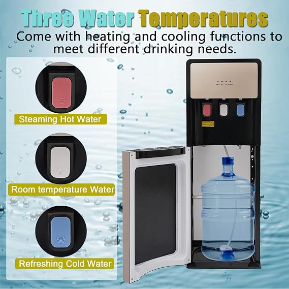 Bottom Loading Water Cooler, 5 Gallon Freestanding Water Dispenser with 3 Temperature Settings of Hot, Cold, Room Water for Home Office Durable (Champagne Gold)