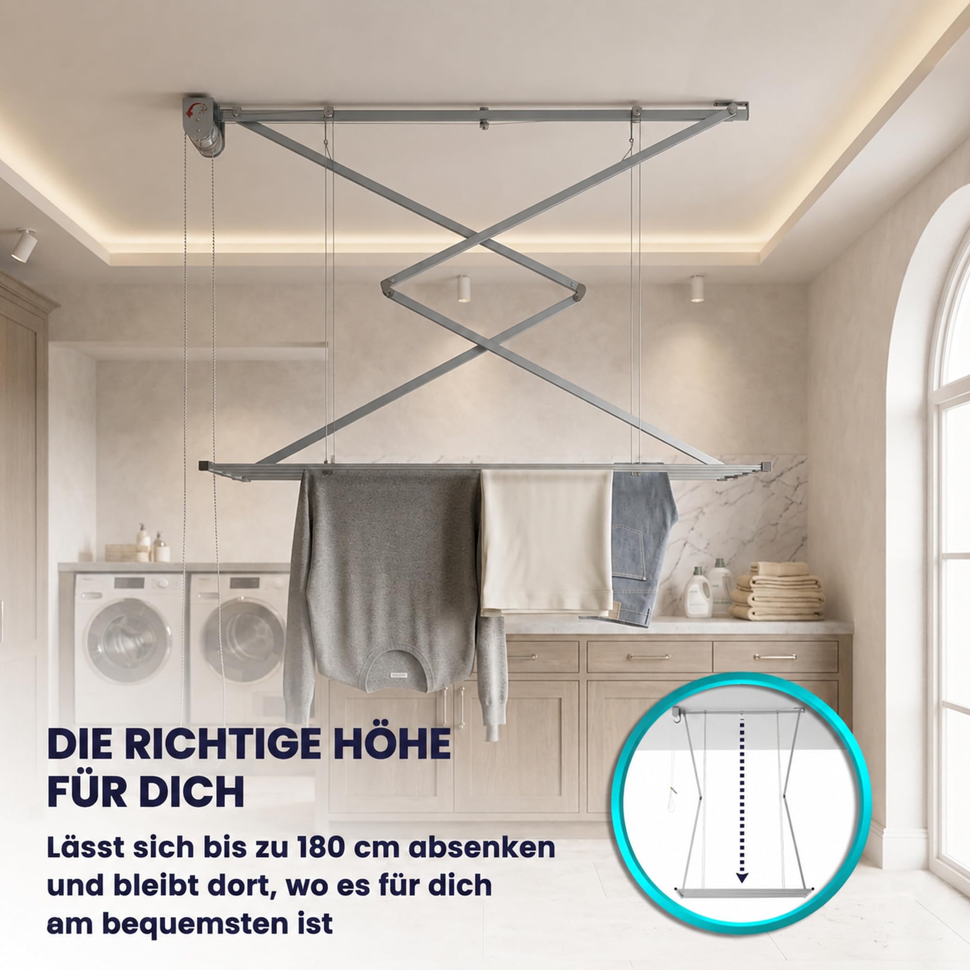 Foxydry Mini, klappbarer wäscheständer, deckenmontage, 128 cm | aus aluminium und edelstahl, platzsparend, für innen- und außenbereich, rostfrei, vertikales liftsystem, trägt 10 kg, grau