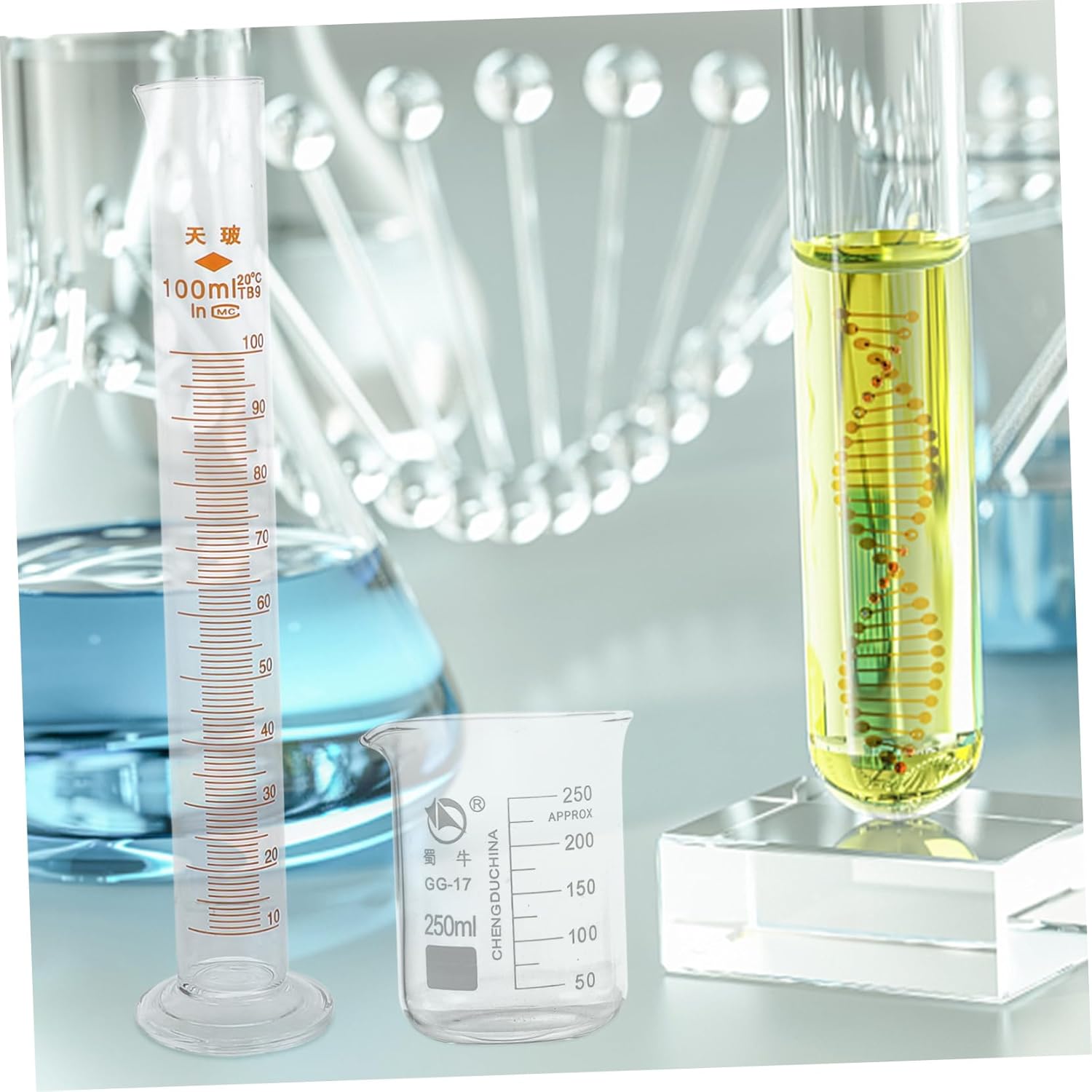 Unomor 9pcs Scientific Laboratory Glassware Measuring Cylinder Conical Flask and Beaker for Accurate Measuring Borosilicate Glass for Experiments and Classroom Use