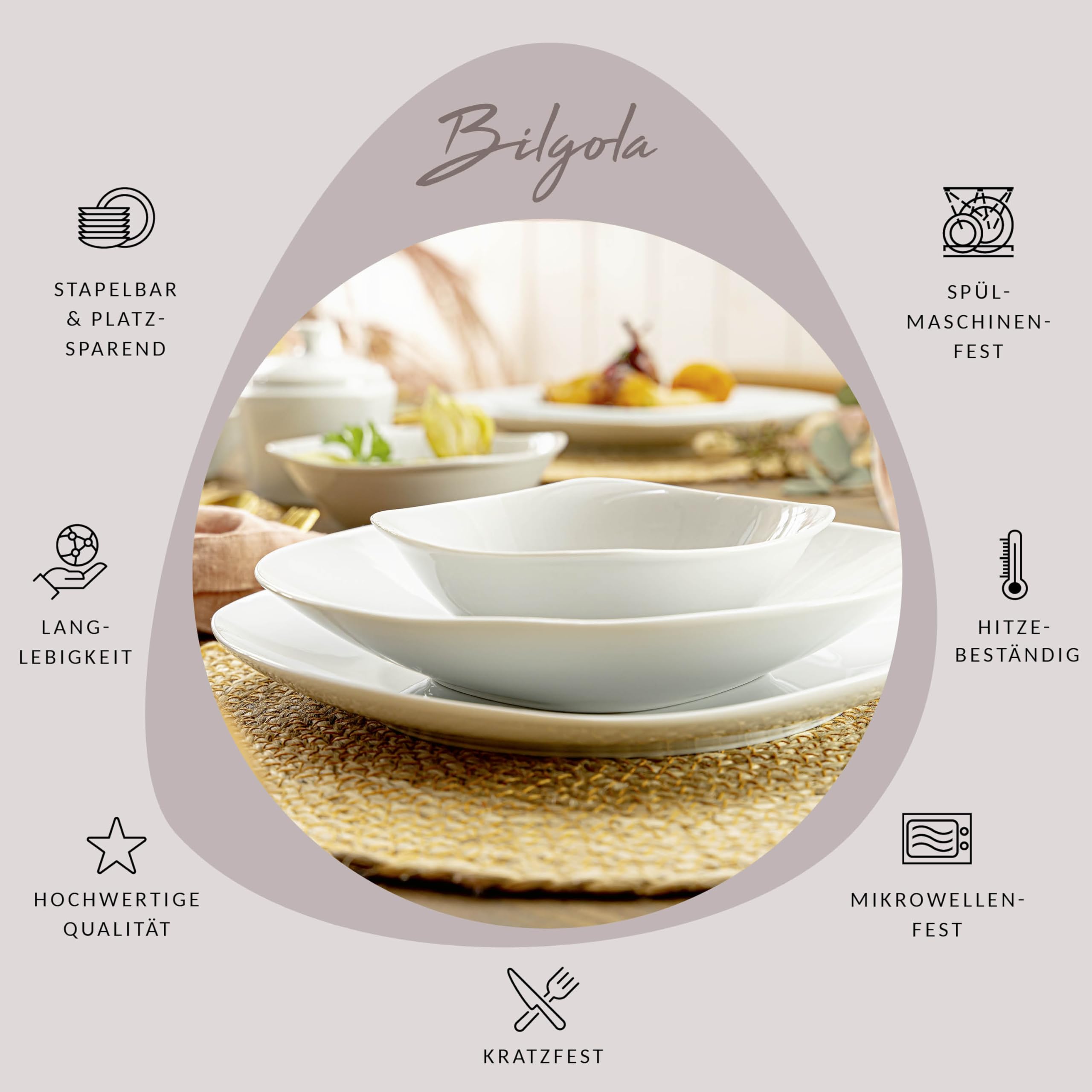SÄNGER | Service de table Bilgola blanc, 24 pièces en porcelaine pour 6 personnes, set d'assiettes carrées, assiettes plates | Collection Premium