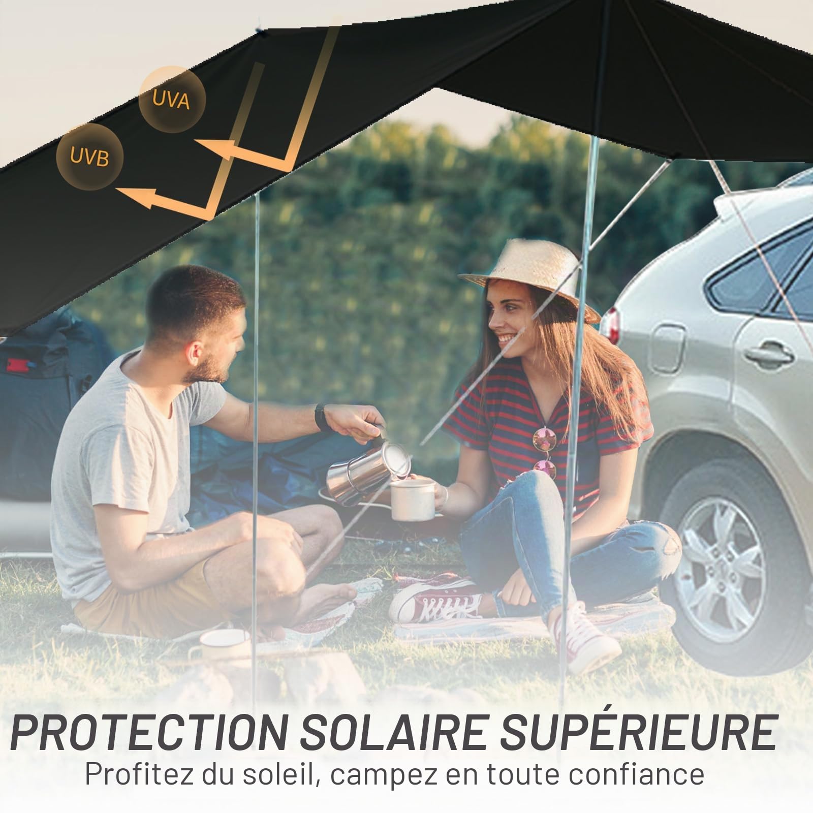 Auvent latéral de voiture - Tente de camping - Tente de toit avec protection UV - Avec 2 sacs d'eau portables - Étanche - 440 x 200 cm - Noir