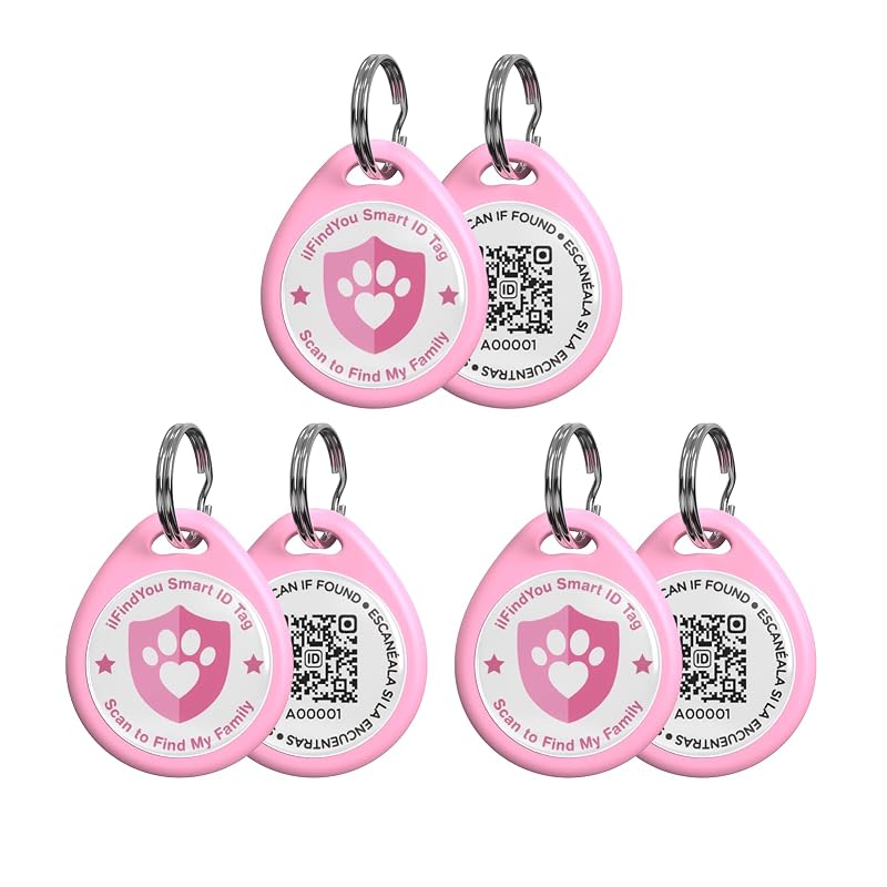 Plaquinha de Identificação com QR Code para Cães, ABS com Revestimento em Epóxi ILFINDYOU, Rosa, Pacote com 3