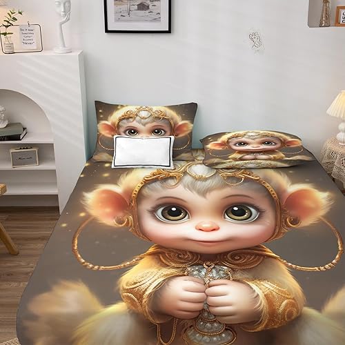 Miniatura 2 de Juego de sábanas de mono tamaño matrimonial, sábanas de dibujos animados, sábanas y fundas de almohada estampadas de 4 piezas, sábana bajera