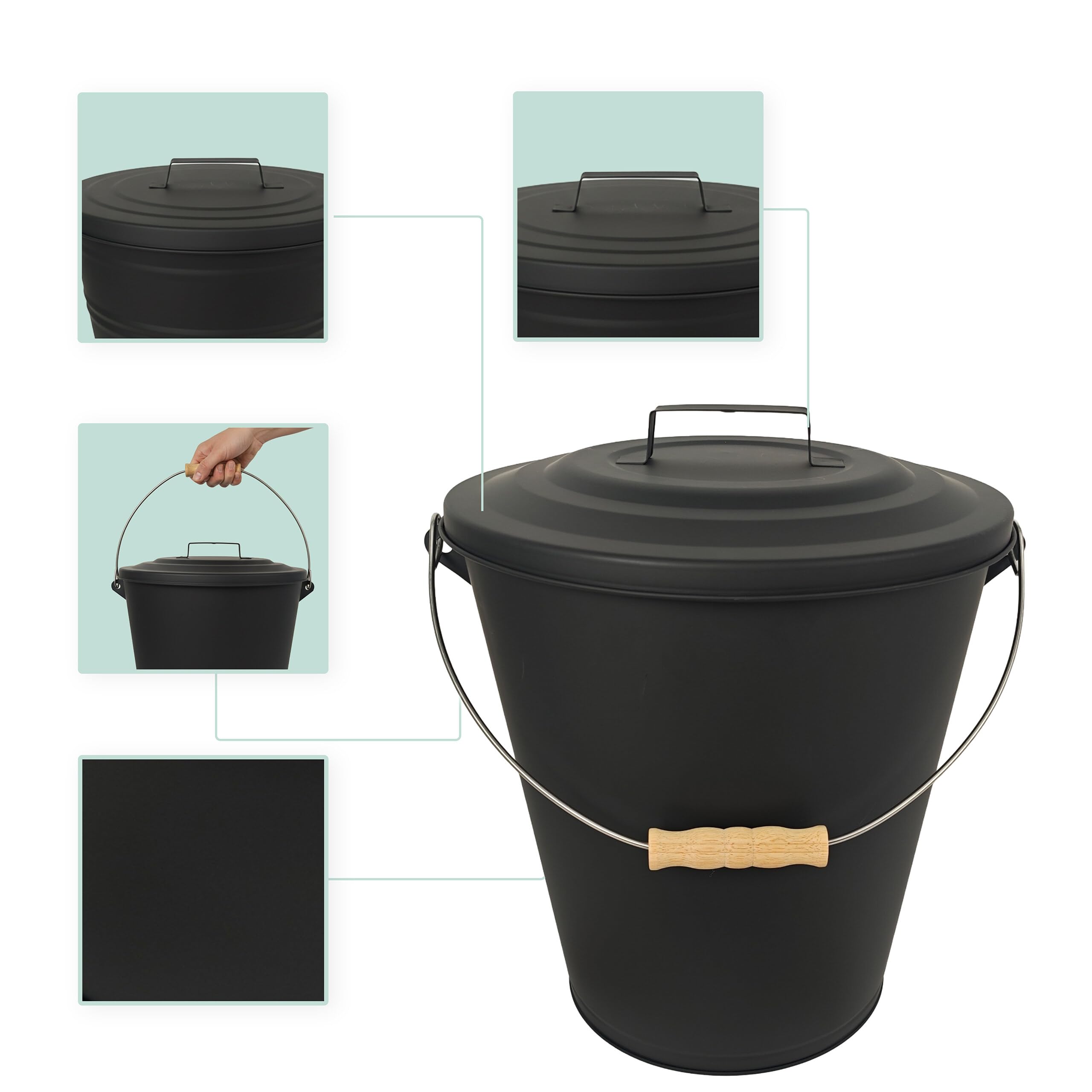 Relaxdays Secchio per Cenere con Coperchio, 24 L, Scopa e Paletta per Camino, Contenitore con Manico, Nero/Naturale