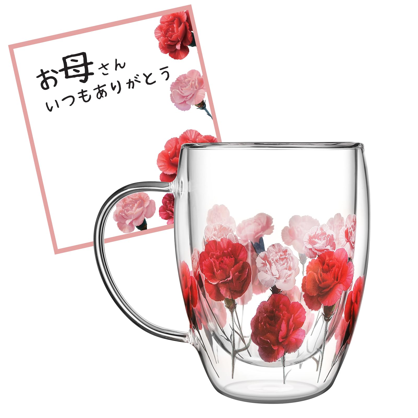 Double Wall Glass Mug Carnation Flower Design 12oz Heat Resistant Japan
