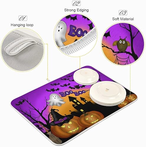 Miniatura 4 de Tapete de secado de platos de calabaza y fantasma, de 16 x 18 pulgadas, para encimera de cocina, diseño de calavera de bruja, morado, reversible,