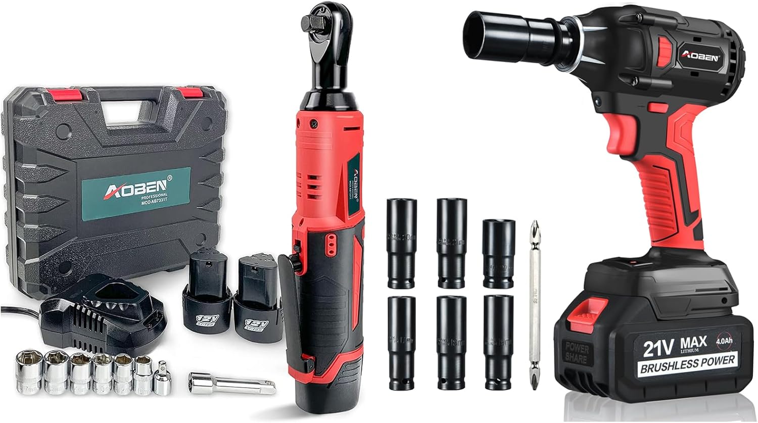 AOBEN 3/8" 12V Cordless Electric Ratchet Wrench Set & 21V Cordless Impact Wrench Powerful Brushless with 1/2" Square Driver