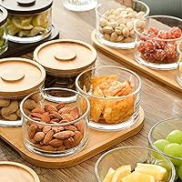 Vista 3 de KVMORZE Juego de servir chips y salsa con bandeja de bambú, plato de frutas y frutos secos, pequeños cuencos de vidrio con tapas para condimentos