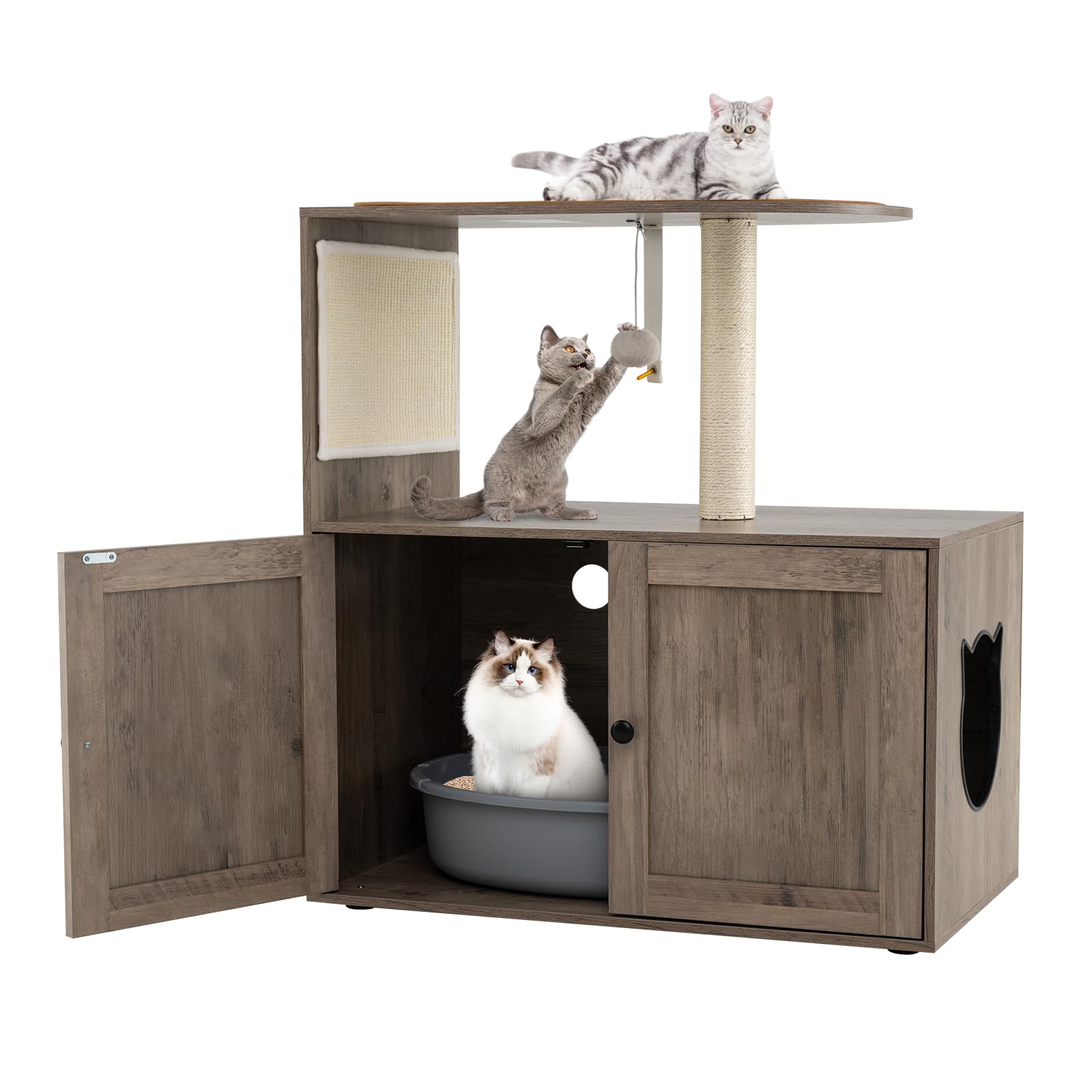 COSTWAY Cat Tree with Litter Box Enclosure, 2 in 1 Cats House with Sisal Scratching Post & Mat, Dangling Ball, Wooden Cat Tower Hidden Kitty Washroom