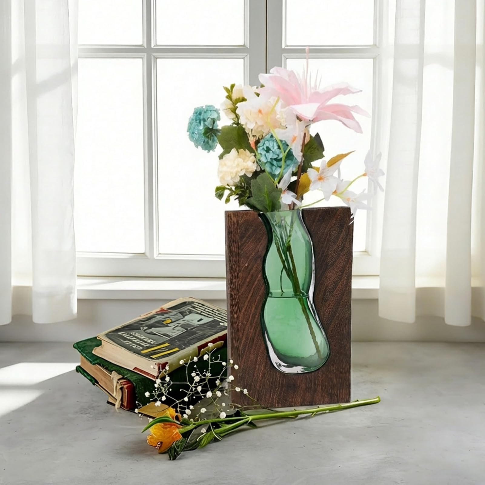 Vaso in vetro in legno con fiori rialzati ad acqua, vaso irregolare, 24 cm, decorazione moderna per la casa per camera da letto, cucina, soggiorno, spazi commerciali