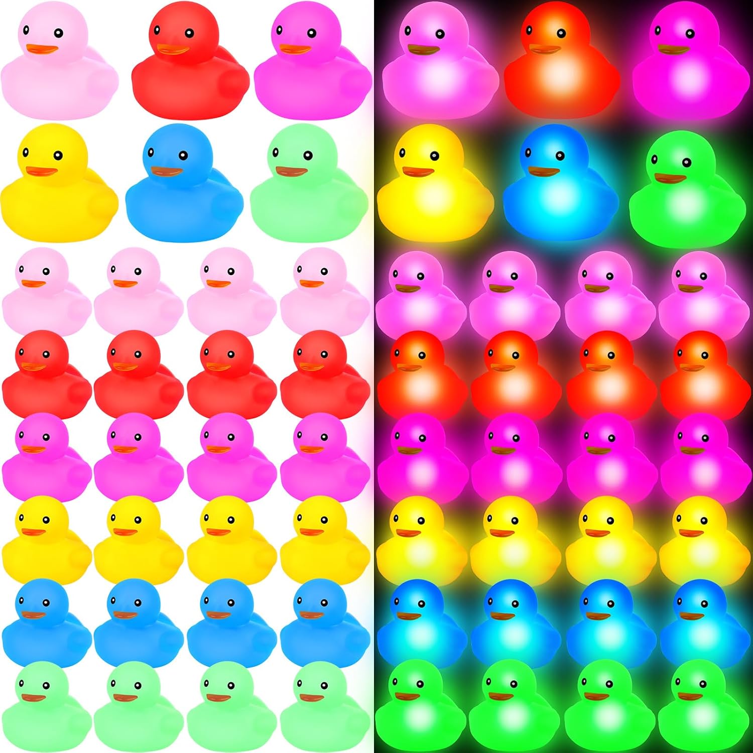Deekin 100 Pcs LED Light Up Rubber Duck 2'' Mix Color Cute Small Ducks Glow Toy for Birthday Party Baby Shower Supplies Party Favors Decor Creative Gift Classroom Prizes (Cute)