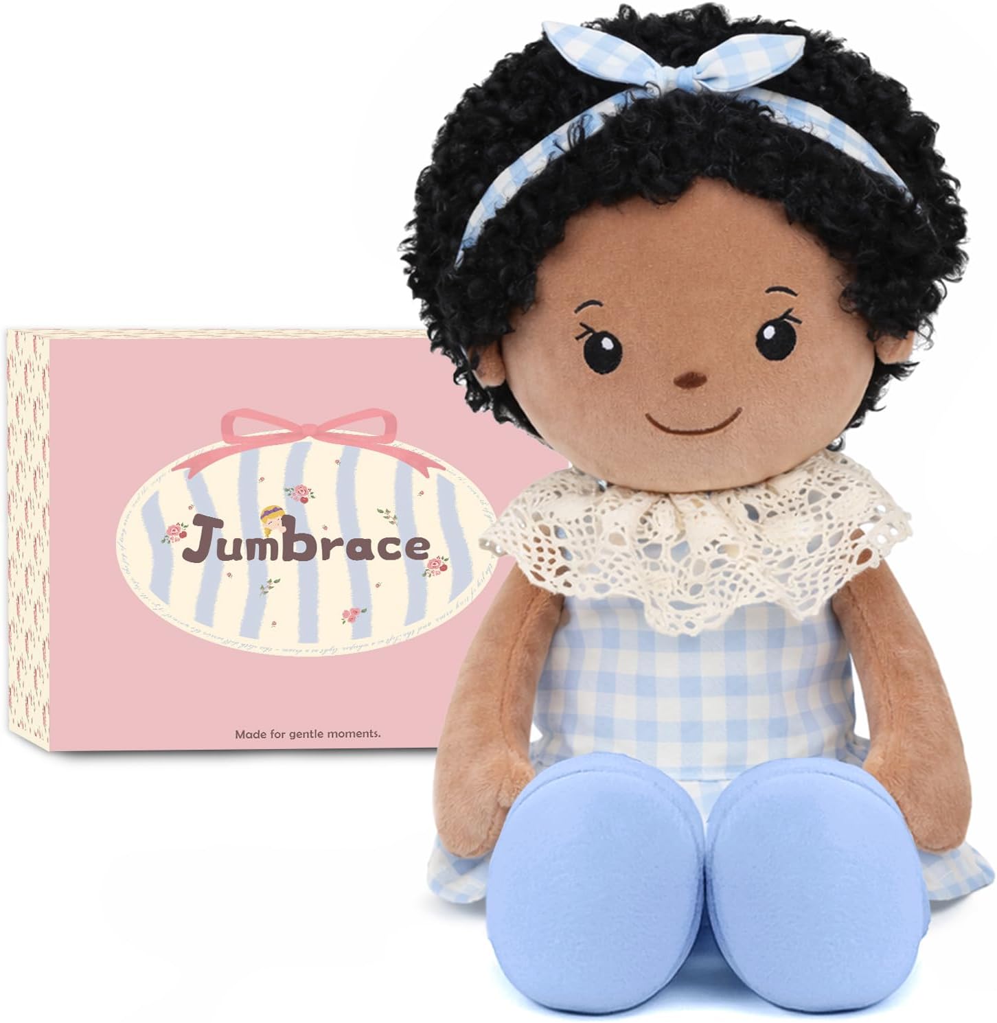 JumbracePlushDoll 16'' Soft Baby Rag Doll for Girls - Black Curly Hair Plush Toy, Cuddly Birthday Gift for Toddlers