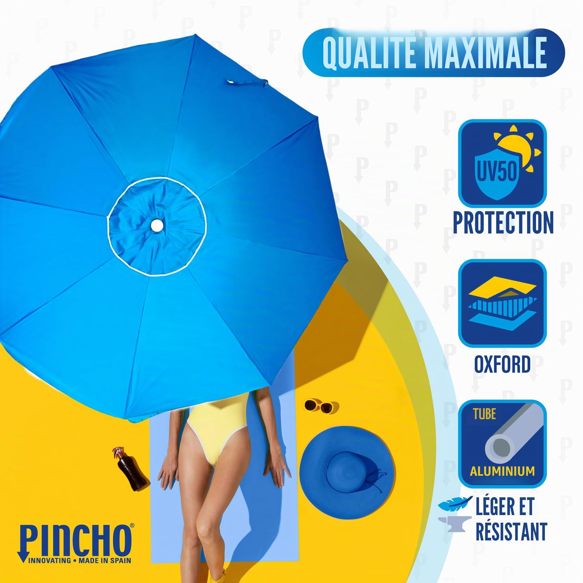 Pincho Grand parasol de plage 220 cm, coupe-vent jusqu'à 35 km/h, protection UV 50, matériaux de qualité, tube en aluminium, 8 tiges en fibre, bâton inclinable
