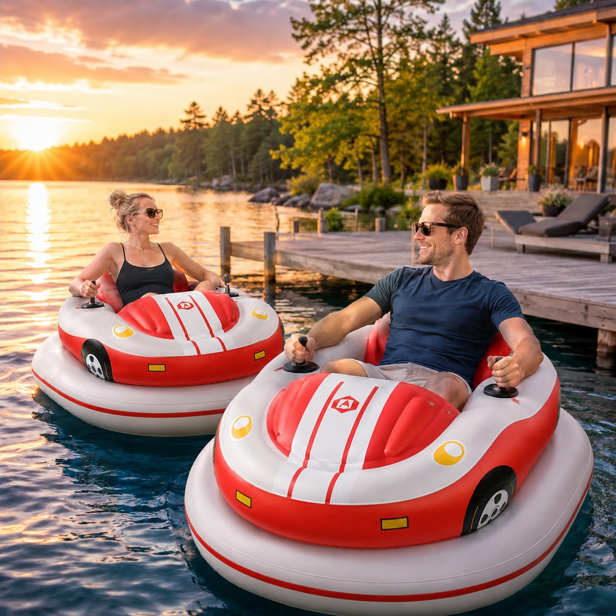 Sunseota Red Motorized Inflatable Pool Lounger For Adults, Rechargeable Electric Float With 360° Joystick, Dual-Layer Bumper, 3 Air Chambers And Rear Stability Fin -1Battery