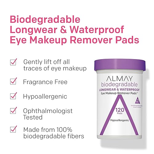 Miniatura 2 de Almay Almohadillas desmaquillantes biodegradables, de larga duración e impermeables, hipoalergénicas, sin fragancia, dermatólogos y oftalmólogos, 80