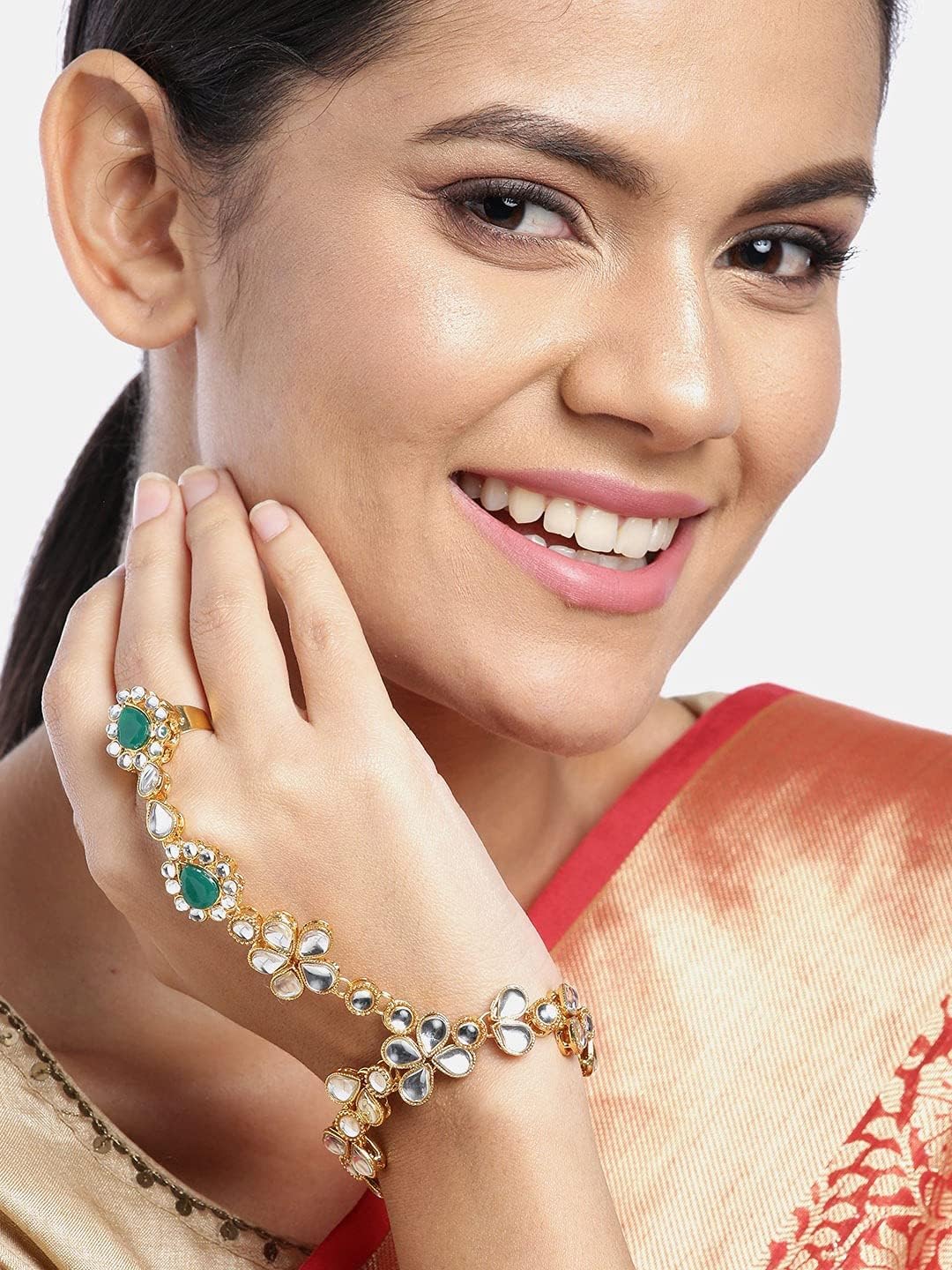 I Jewels Gold Plated Indian Bollywood Elegant Stone Haath Panja/Haath Phool Adjustable Chain Bracelet Jewelry for Women (PIJ20-21)