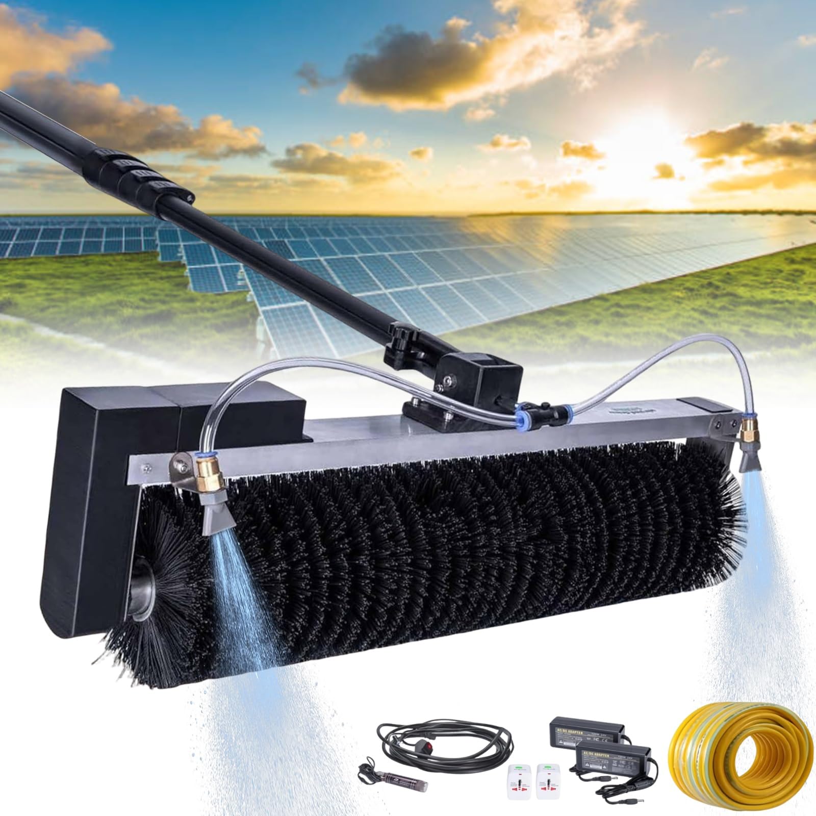 Spazzola a Rullo per La Pulizia Solare a Spruzzo Automatico dell'Acqua,Manico Telescopico da 3,5-7,5M per Pannelli Fotovoltaici E Finestre,Spazzola Rotante Pulizia(7.5m/25ft)