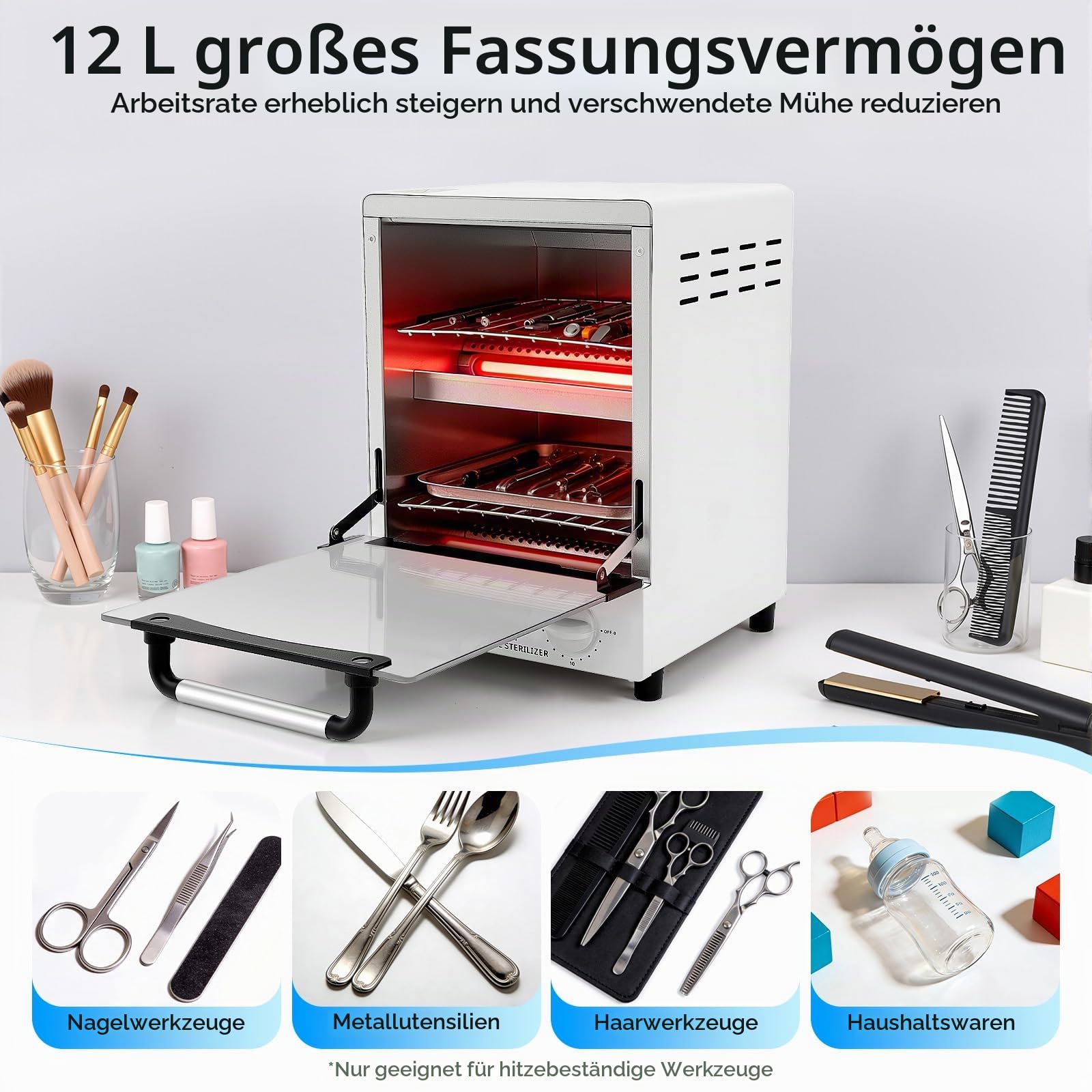1000W Hochtemperatur-Sterilisator, 12L Heißluftsterilisator,250°C Infrarot Desinfektionsbox mit Timer,Trockene Hitze Sterilisator mit Tablett für Nagelwerkzeuge Kosmetikwerkzeuge Friseurwerkzeuge