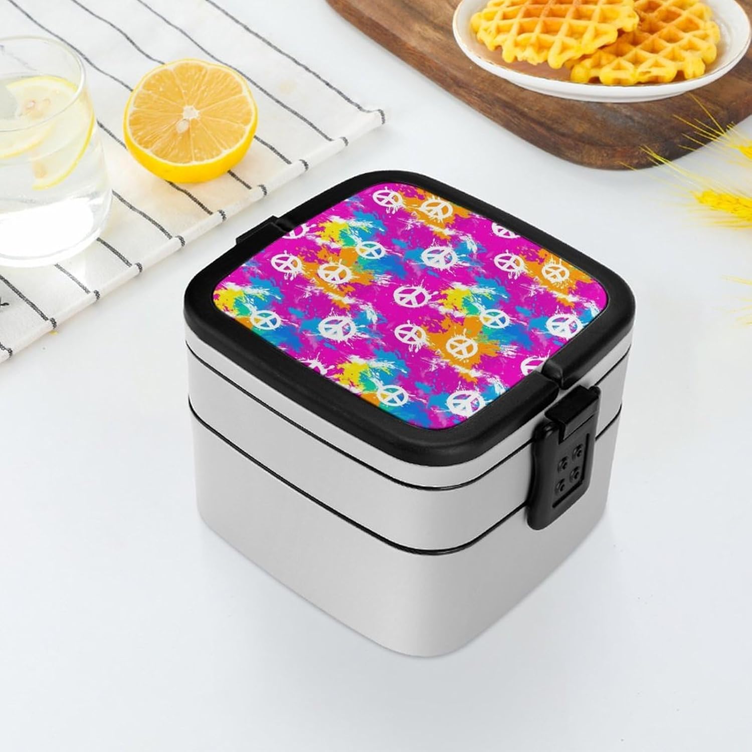 Tie-dye Peace Bento Box with Spoon 2 Layer Food Container Cute Lunch Box for Travel Dining Work